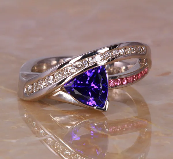 Contemporary Tanzanite, Pink Sapphire and Diamond Ring