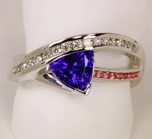 Contemporary Tanzanite, Pink Sapphire and Diamond Ring
