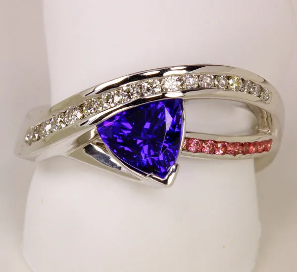 Contemporary Tanzanite, Pink Sapphire and Diamond Ring