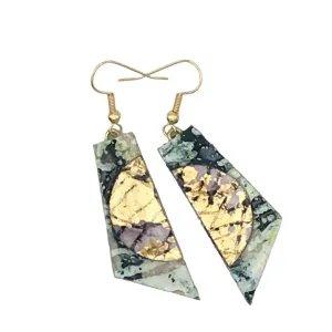 Cora Batik Textile Earrings in Dark Green/Gold/Aubergine