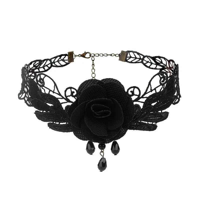 Crystal Statement Necklace Collar Black Lace Chokers Flower Necklaces For Women Girl Boho Flower Charms