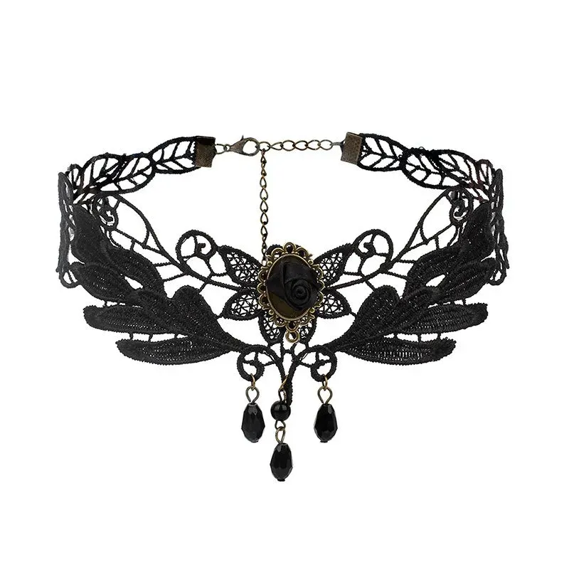 Crystal Statement Necklace Collar Black Lace Chokers Flower Necklaces For Women Girl Boho Flower Charms
