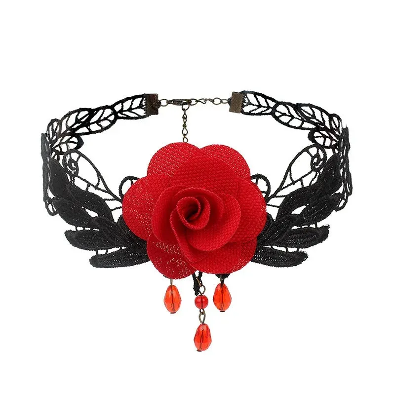 Crystal Statement Necklace Collar Black Lace Chokers Flower Necklaces For Women Girl Boho Flower Charms