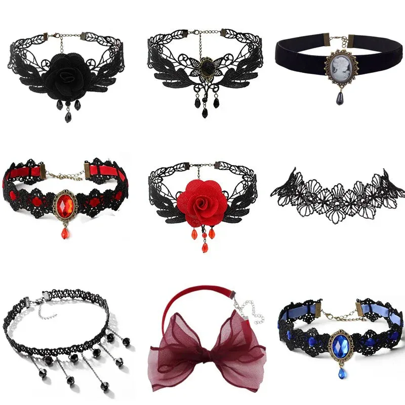 Crystal Statement Necklace Collar Black Lace Chokers Flower Necklaces For Women Girl Boho Flower Charms