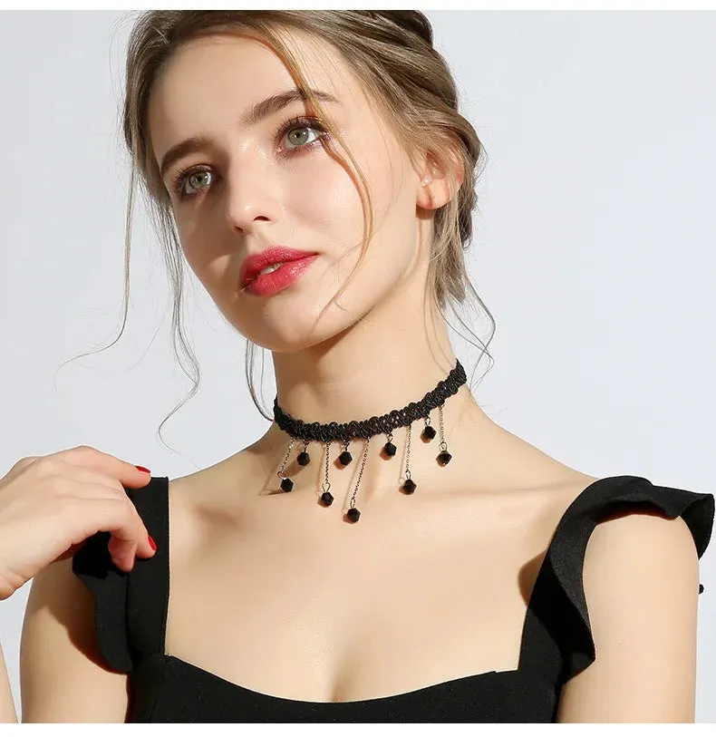 Crystal Statement Necklace Collar Black Lace Chokers Flower Necklaces For Women Girl Boho Flower Charms