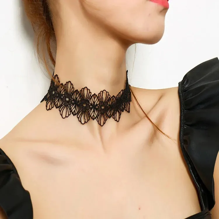 Crystal Statement Necklace Collar Black Lace Chokers Flower Necklaces For Women Girl Boho Flower Charms