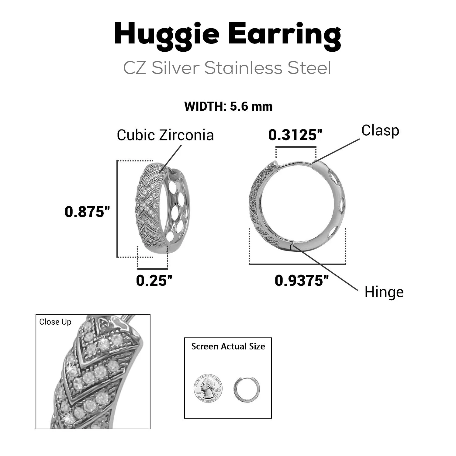 Cubic Zirconia Huggie Hoop Earrings Stainless Steel Hypoallergenic Women Cuffs