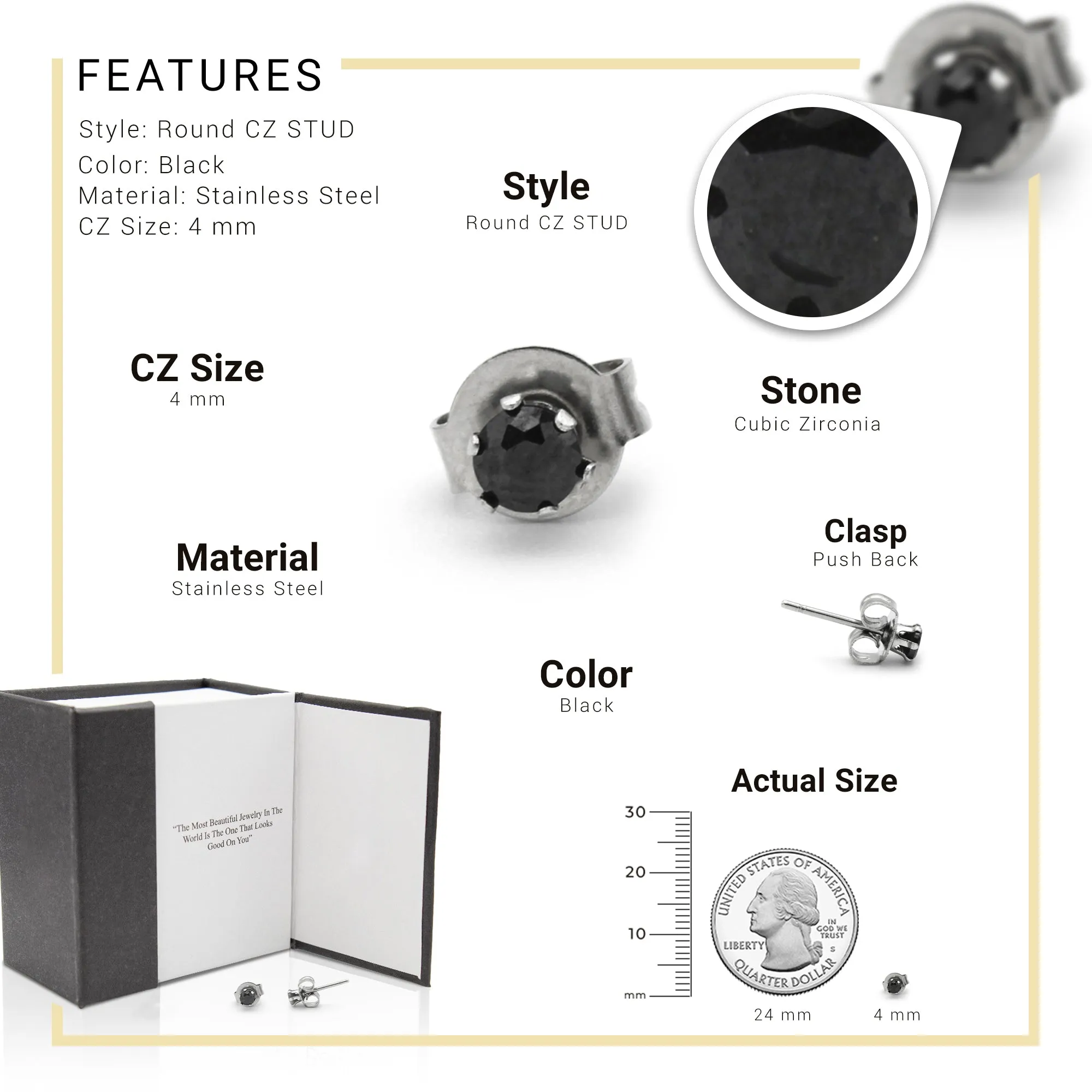 Cubic Zirconia Round Stud Earrings Stainless Steel Black Jewelry Men Women