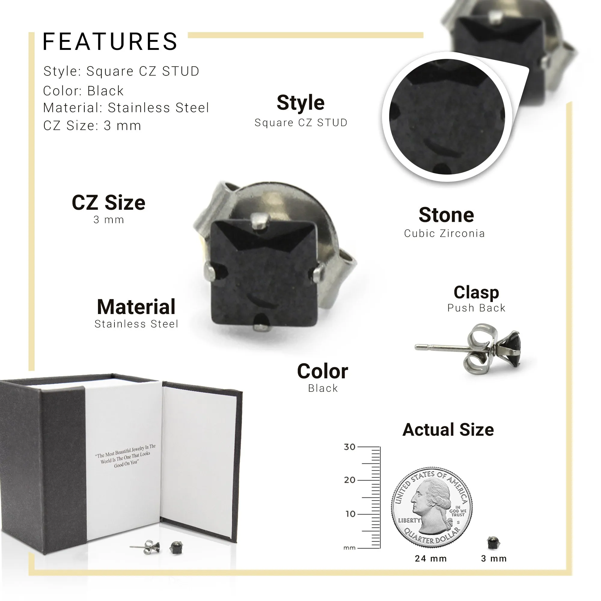 Cubic Zirconia Square Stud Earrings Stainless Steel Black Jewelry Men Women