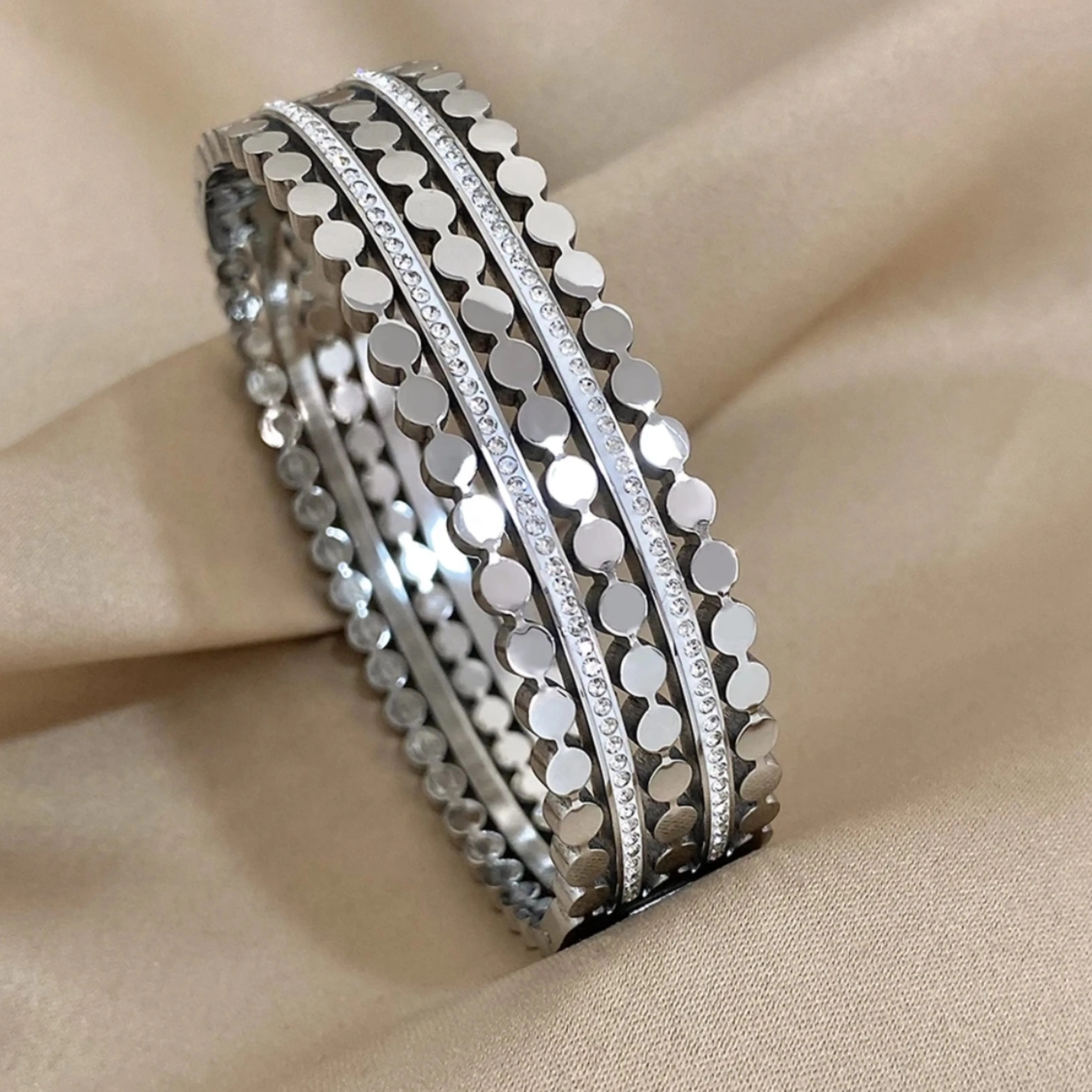 CZ Multiple Rows Stainless Steel Bangle Bracelet - Gold and Silver