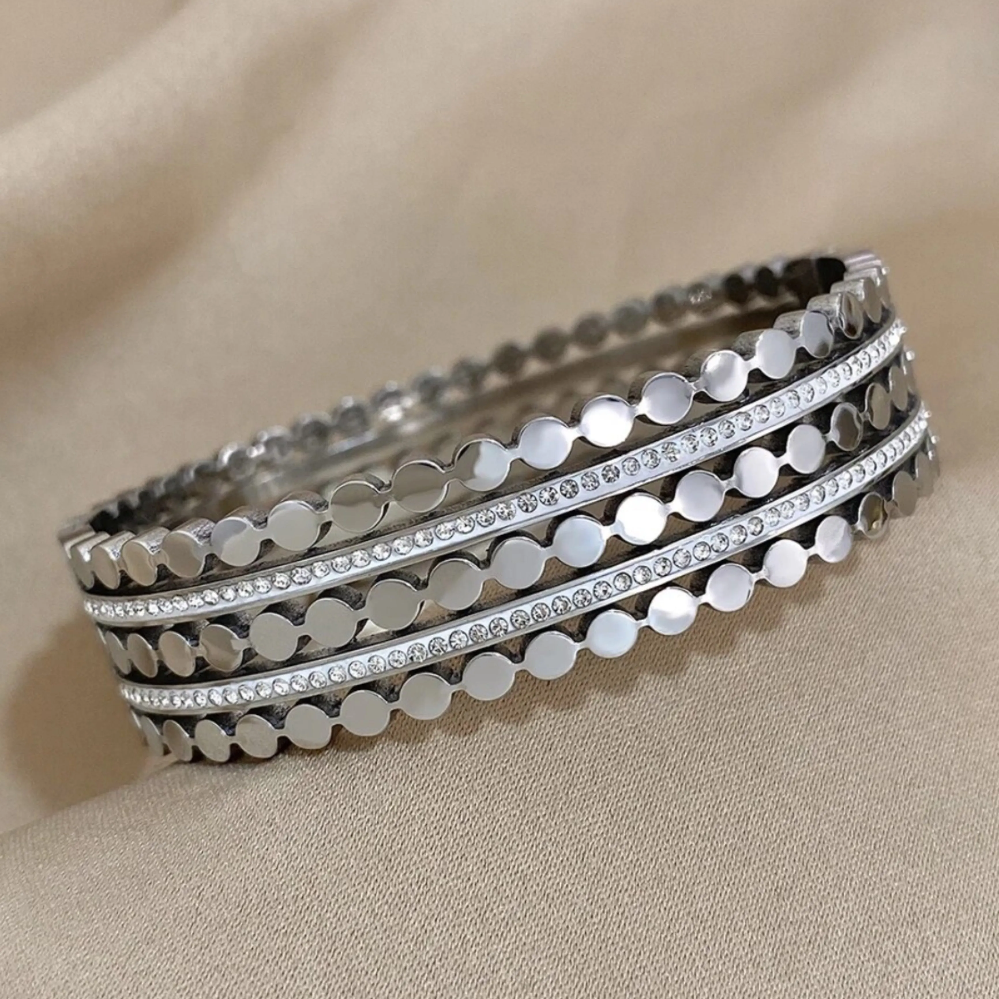 CZ Multiple Rows Stainless Steel Bangle Bracelet - Gold and Silver