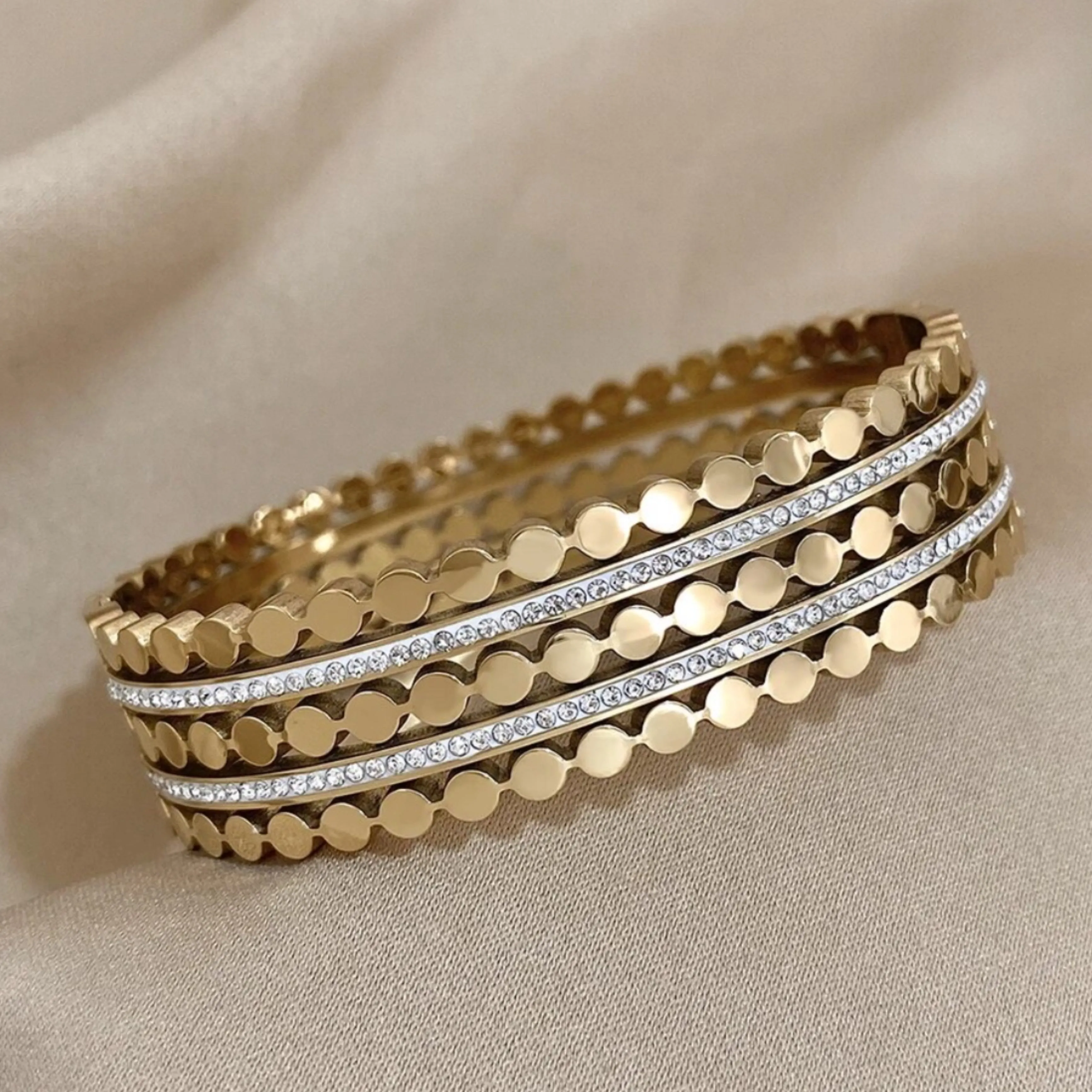 CZ Multiple Rows Stainless Steel Bangle Bracelet - Gold and Silver