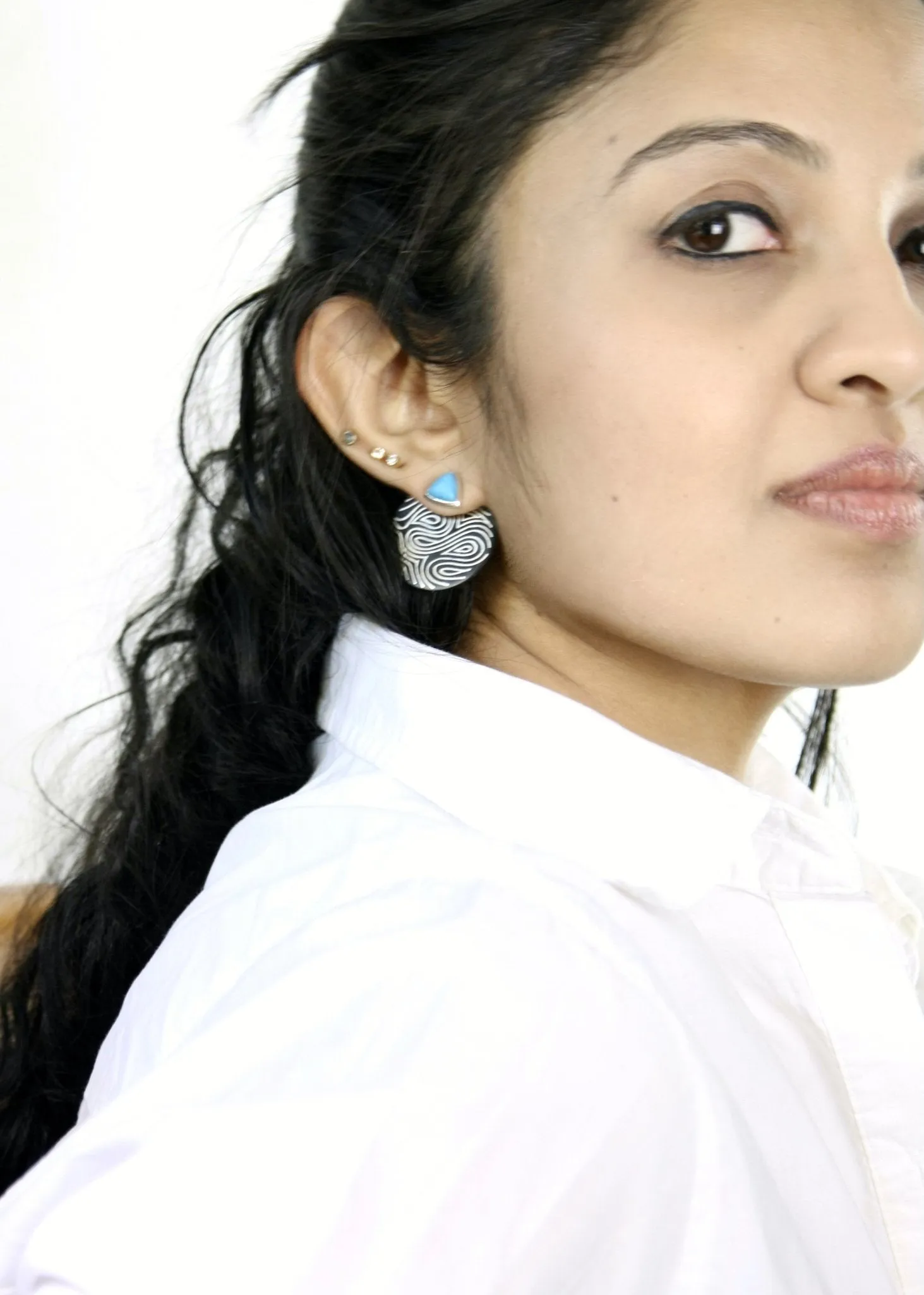 Detachable, round, ear jacket Bidri earrings
