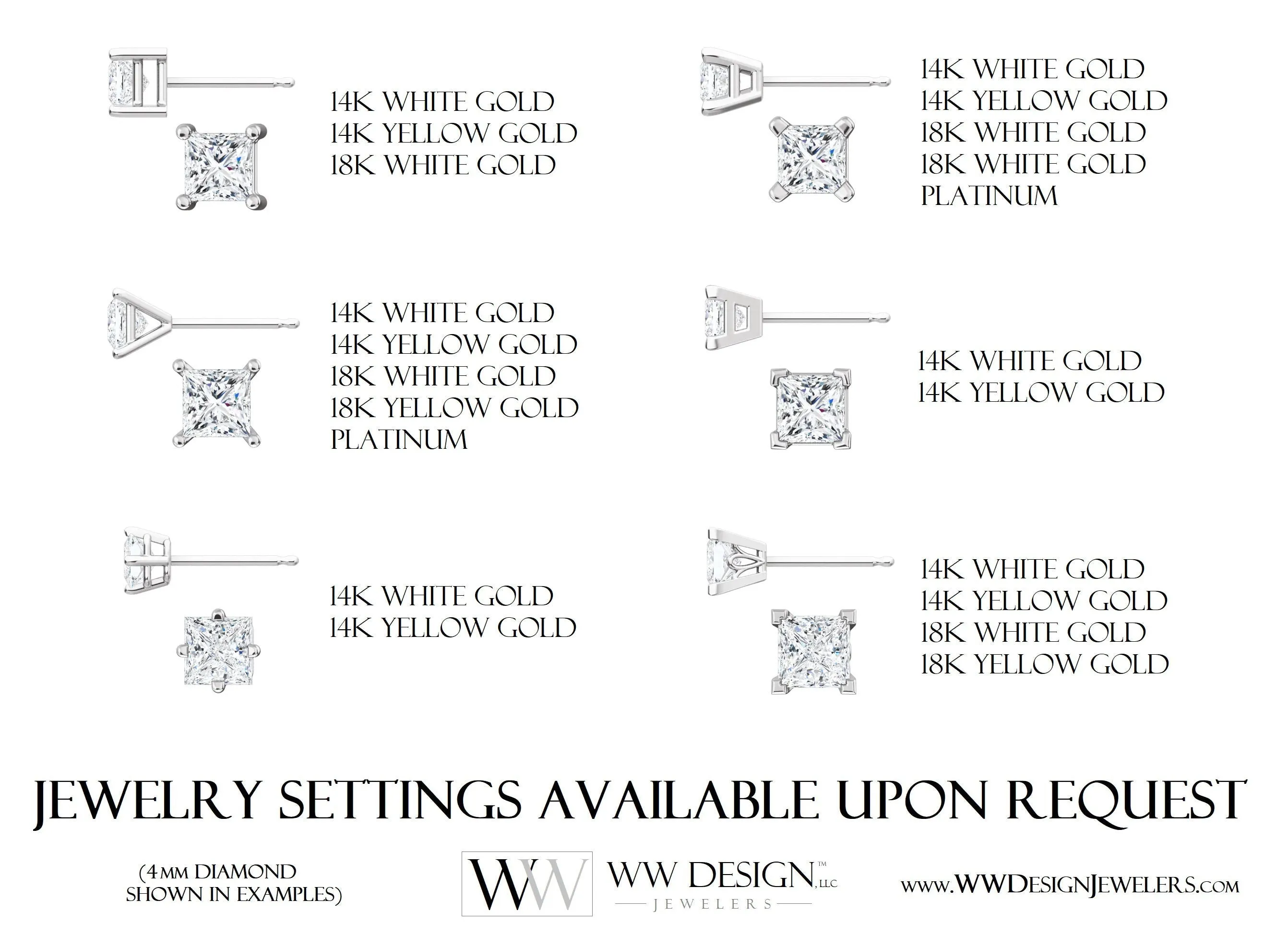 DIAMOND Earring Studs Princess Square Cut 3.5x3.5mm 0.52 ctw (each 0.26cts) Genuine F  VS Post w 14k Solid Gold (Yellow Rose White) Platinum