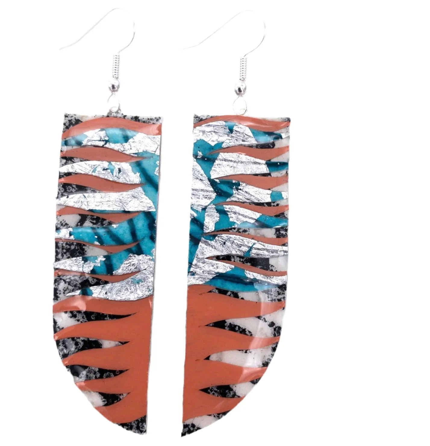 Dióg batik textile earrings in Charcoal/Sea-Blue/Silver/Orange