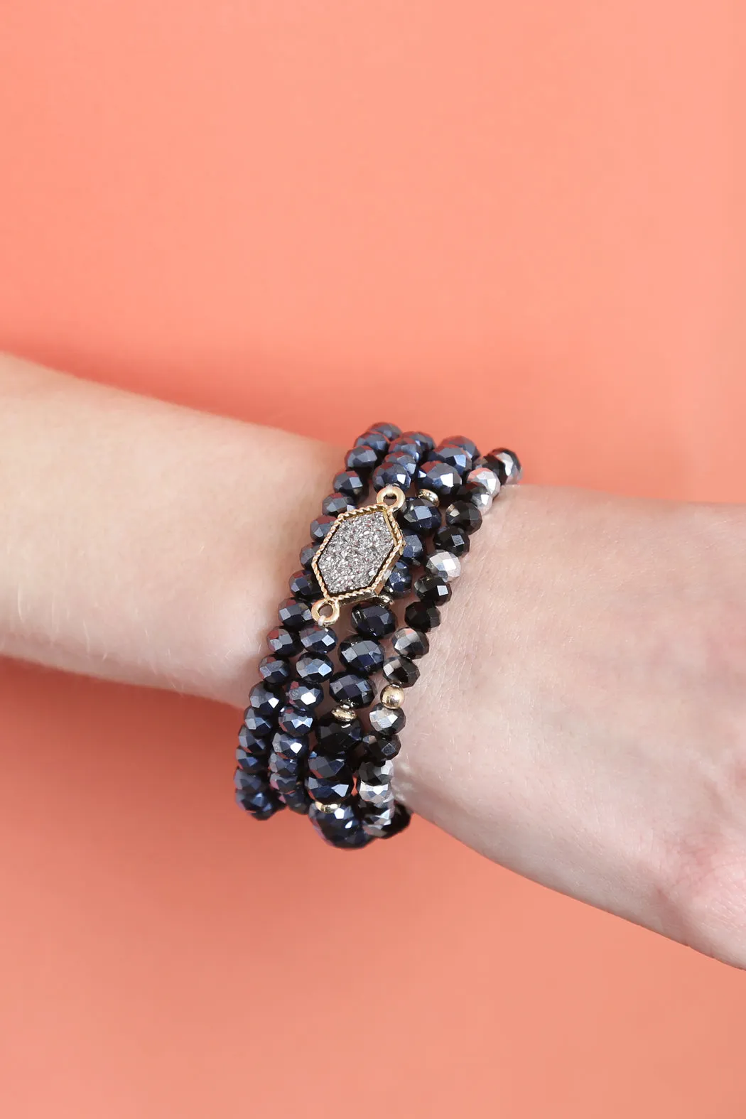 DRUZY STONE HEXAGON GLASS BEADS BRACELET