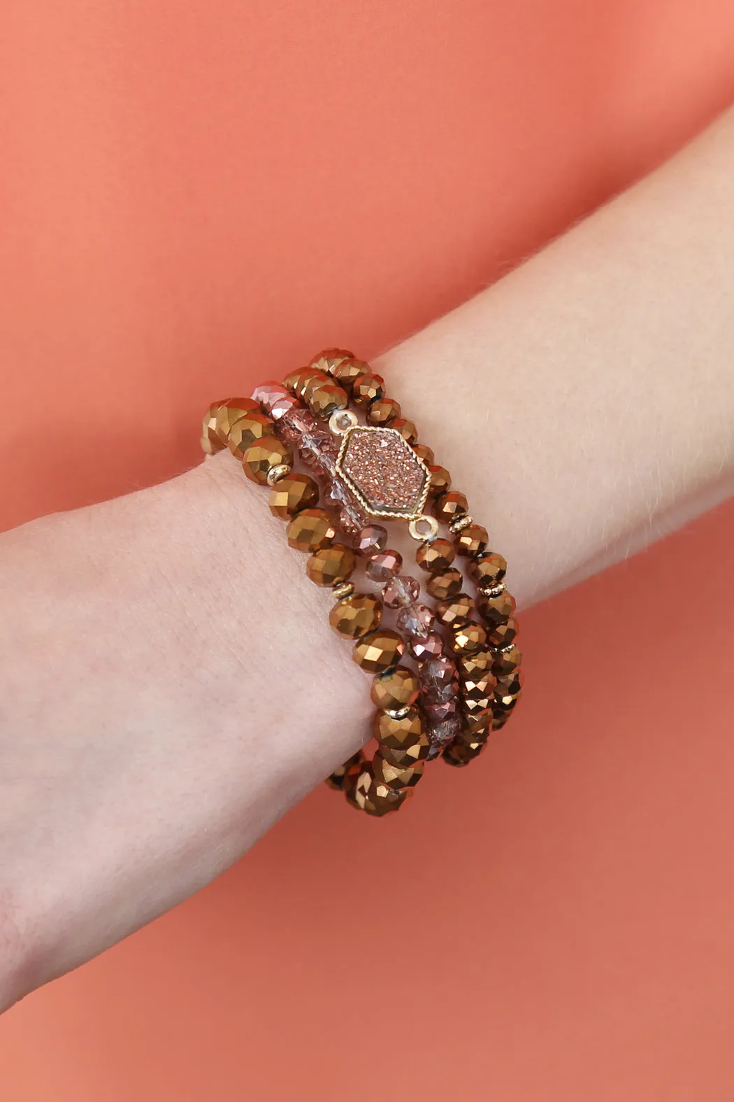 DRUZY STONE HEXAGON GLASS BEADS BRACELET