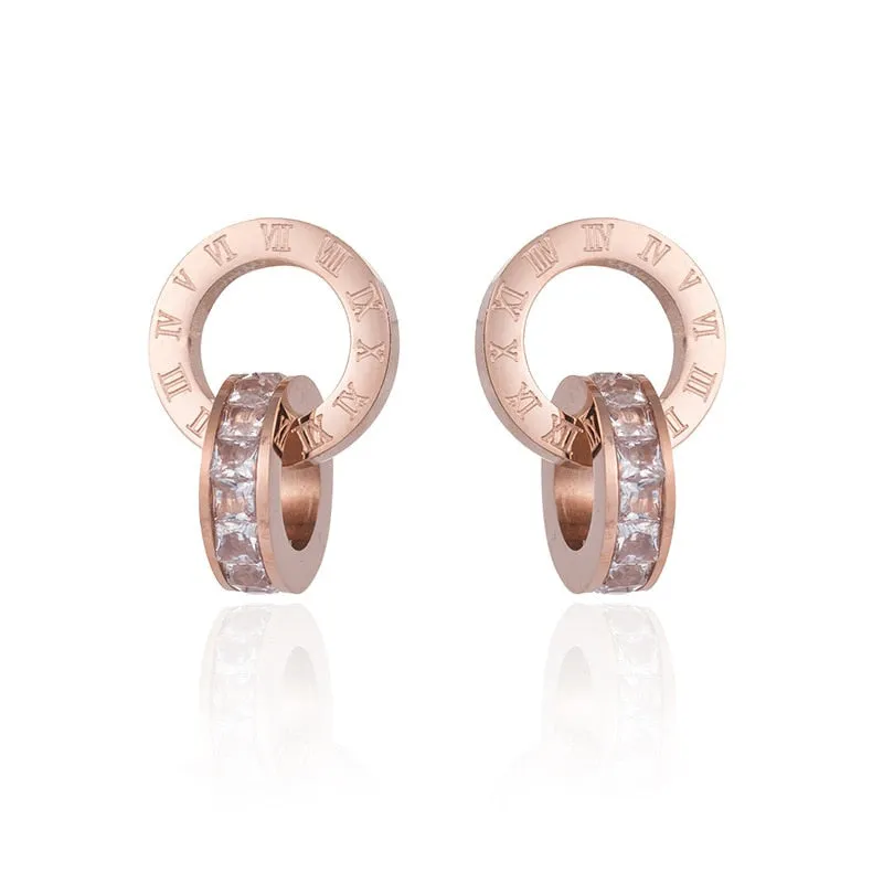 Elegant Titanium Steel Double-Wound Roman Numerals Crystal Stud Earrings by a Luxury Brand - Women's Exquisite Jewelry Accessories