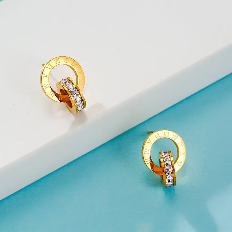 Elegant Titanium Steel Double-Wound Roman Numerals Crystal Stud Earrings by a Luxury Brand - Women's Exquisite Jewelry Accessories