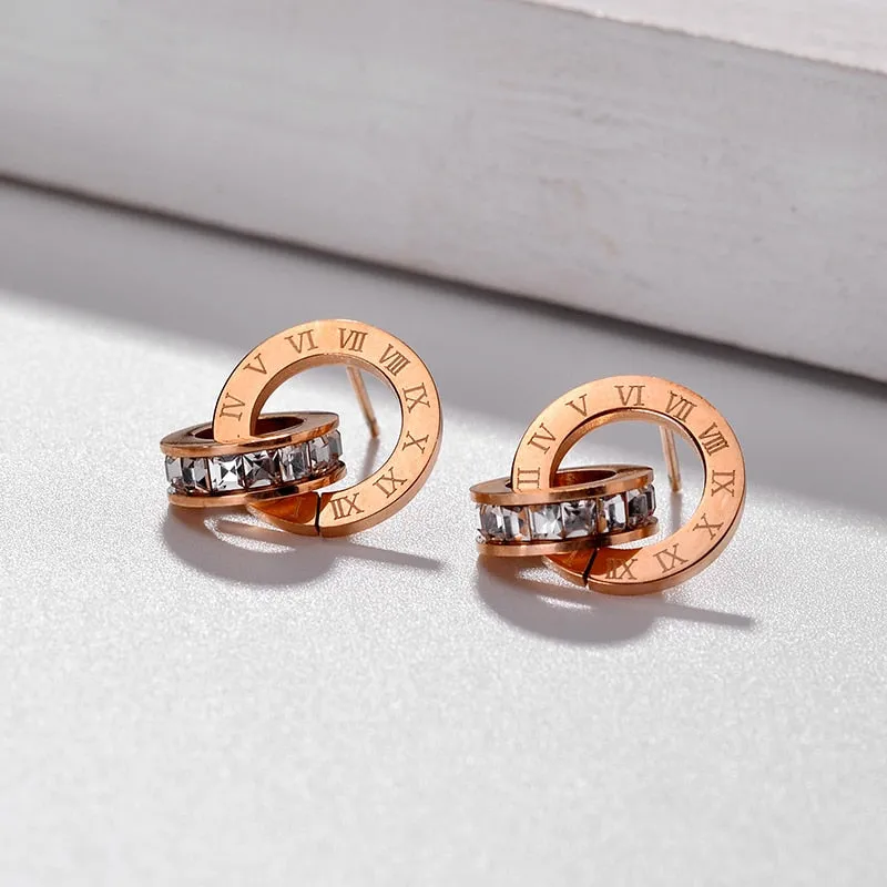 Elegant Titanium Steel Double-Wound Roman Numerals Crystal Stud Earrings by a Luxury Brand - Women's Exquisite Jewelry Accessories