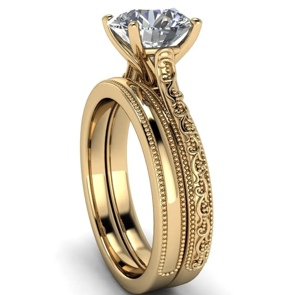 Elsa Round Center Stone Solitaire Milgrain 4 Prong Ring