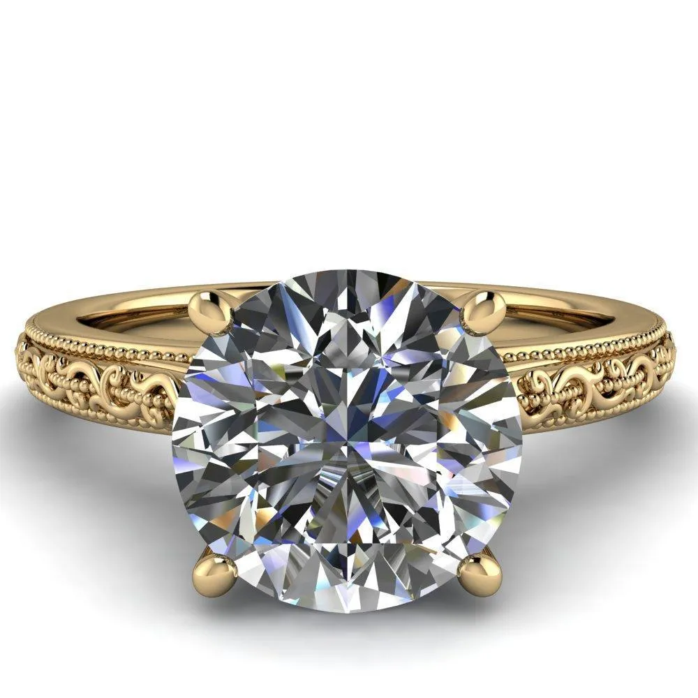 Elsa Round Center Stone Solitaire Milgrain 4 Prong Ring