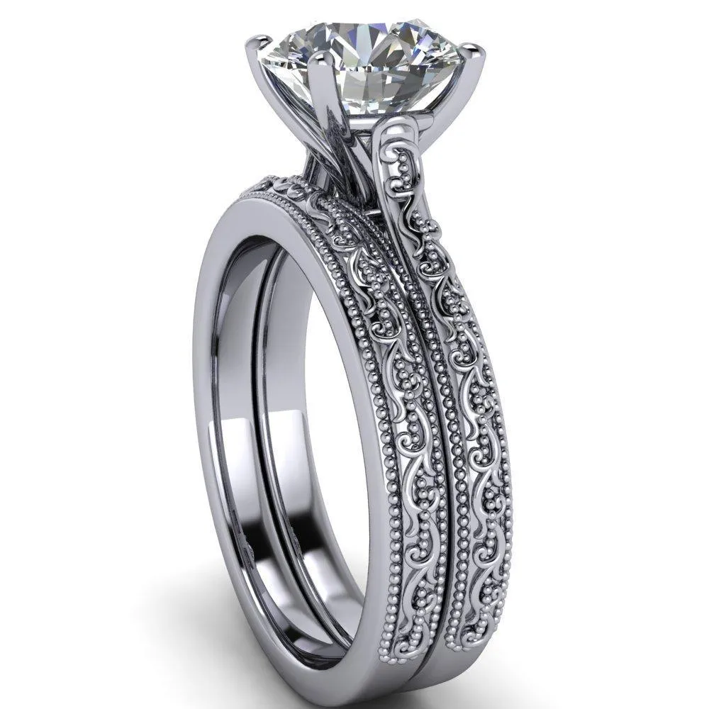 Elsa Round Center Stone Solitaire Milgrain 4 Prong Ring