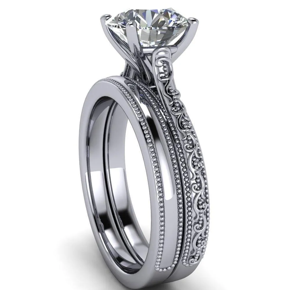 Elsa Round Center Stone Solitaire Milgrain 4 Prong Ring