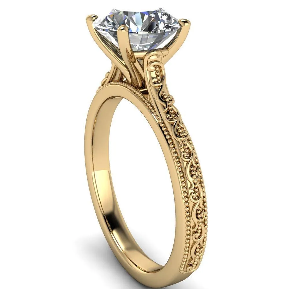 Elsa Round Center Stone Solitaire Milgrain 4 Prong Ring