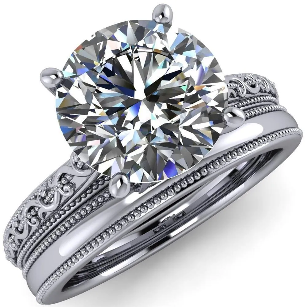Elsa Round Center Stone Solitaire Milgrain 4 Prong Ring