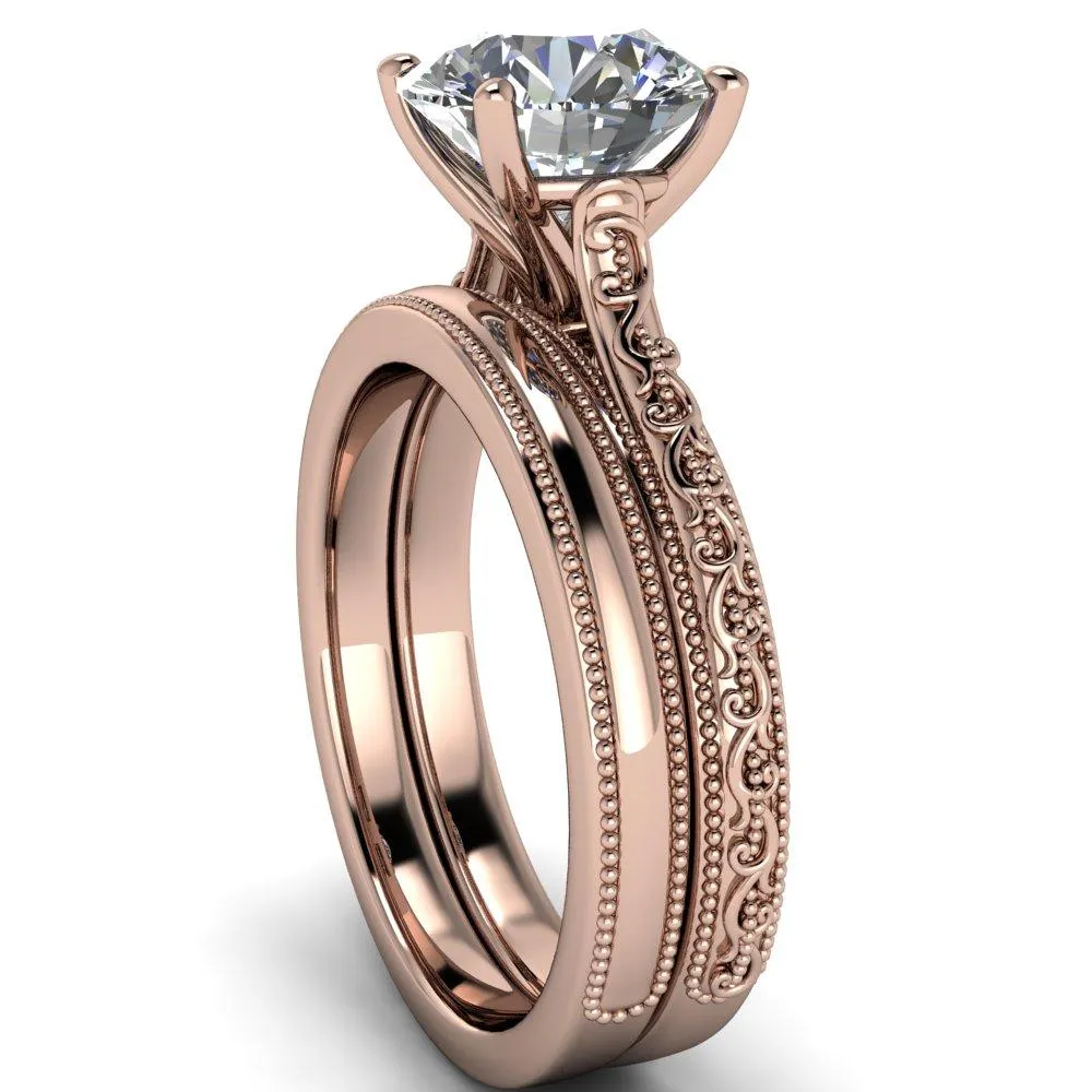 Elsa Round Center Stone Solitaire Milgrain 4 Prong Ring