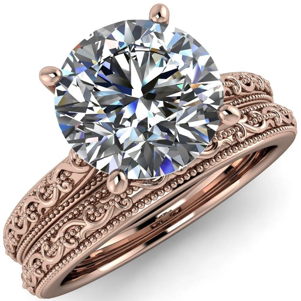 Elsa Round Center Stone Solitaire Milgrain 4 Prong Ring
