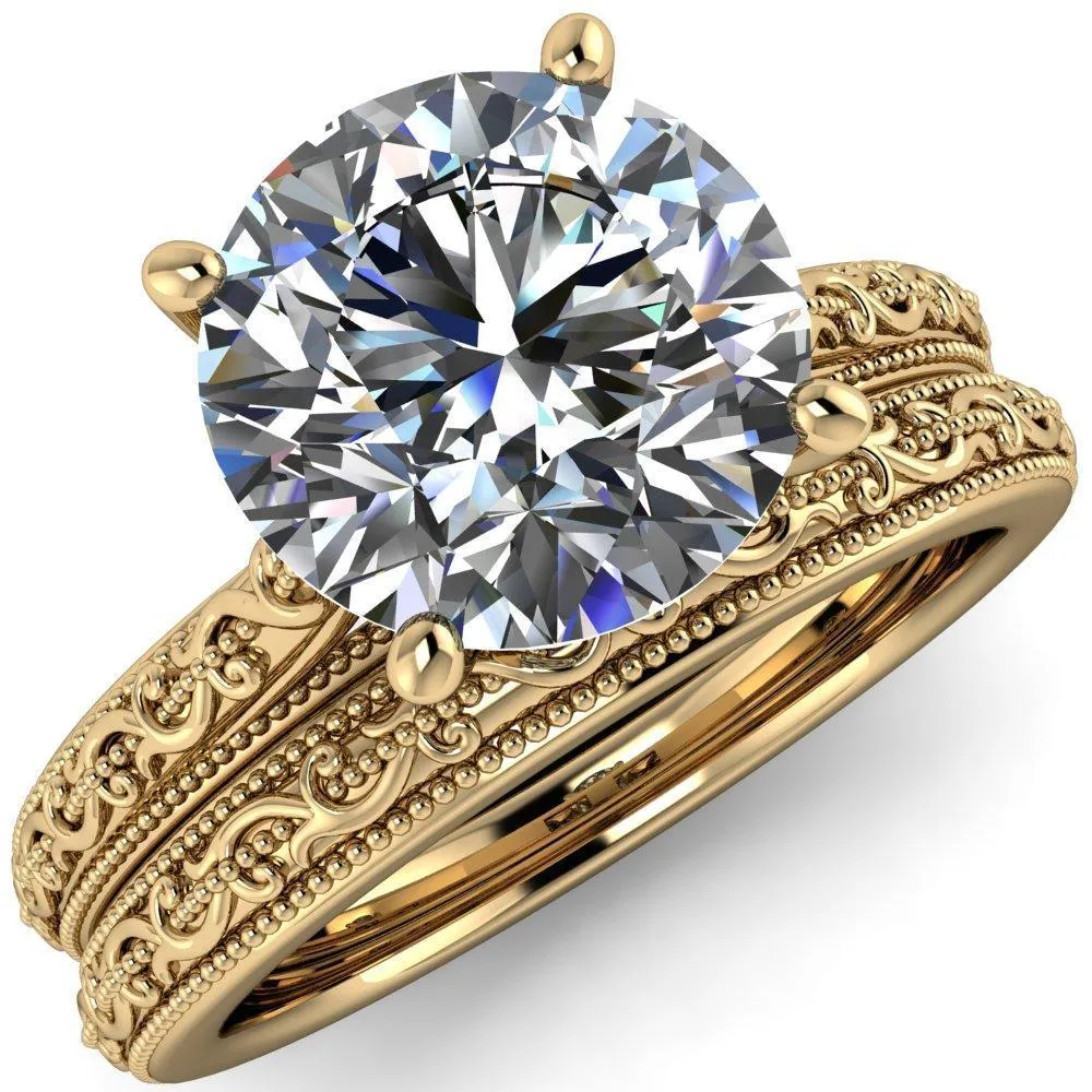 Elsa Round Center Stone Solitaire Milgrain 4 Prong Ring