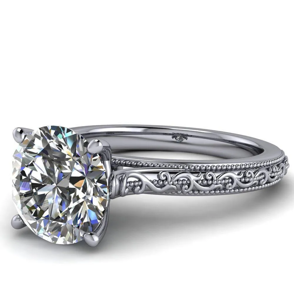 Elsa Round Center Stone Solitaire Milgrain 4 Prong Ring