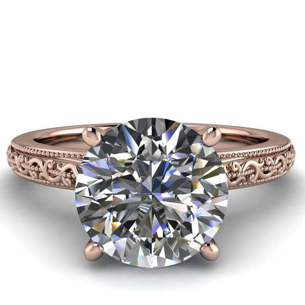 Elsa Round Center Stone Solitaire Milgrain 4 Prong Ring