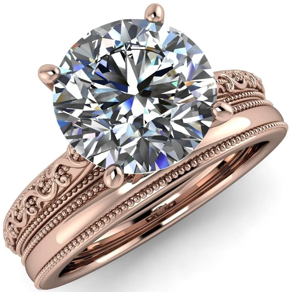 Elsa Round Center Stone Solitaire Milgrain 4 Prong Ring
