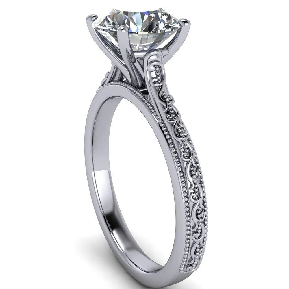 Elsa Round Center Stone Solitaire Milgrain 4 Prong Ring