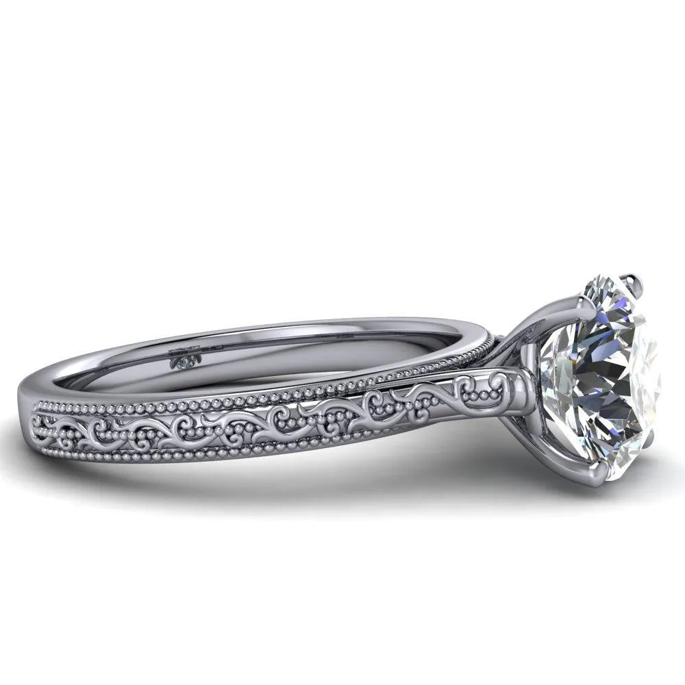 Elsa Round Center Stone Solitaire Milgrain 4 Prong Ring