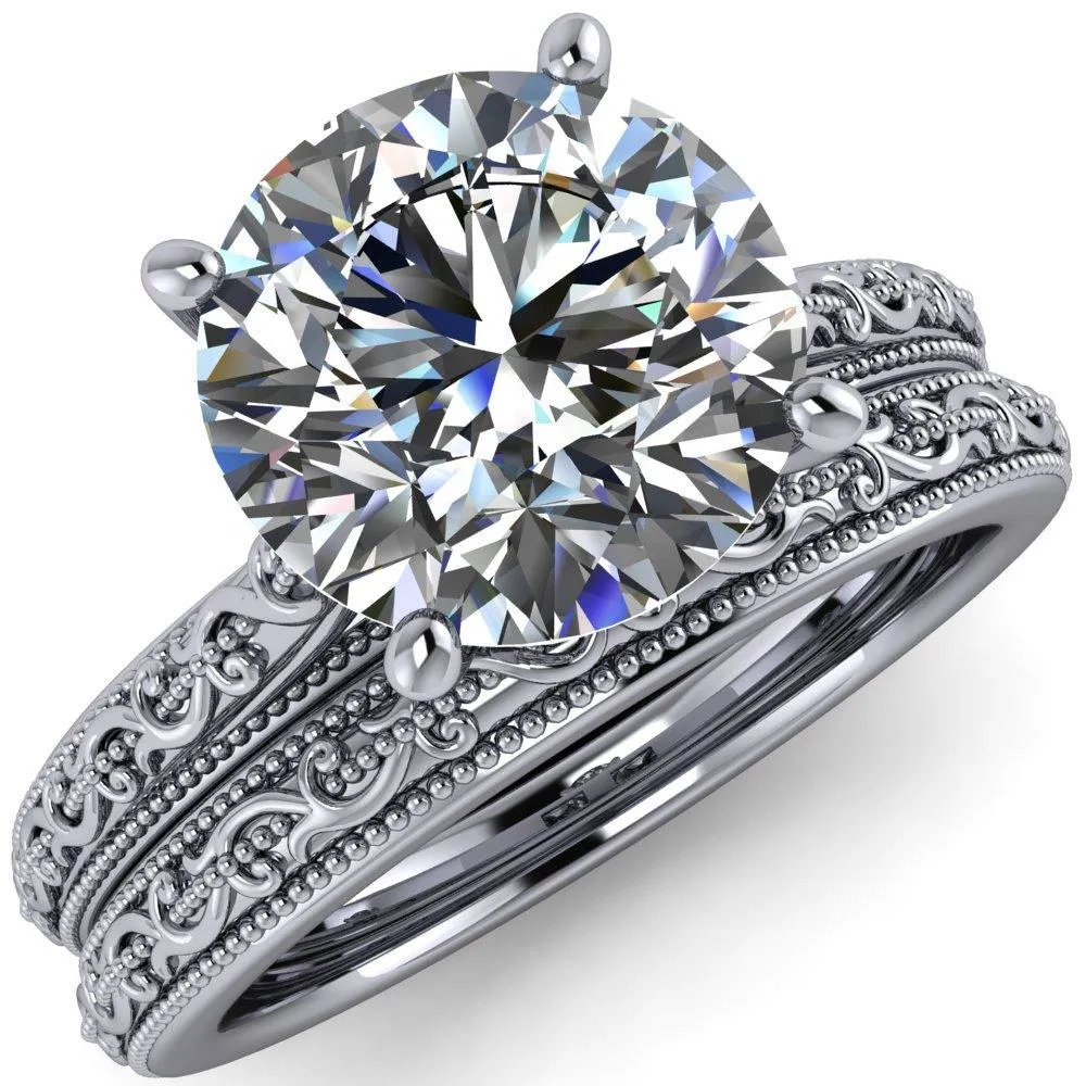 Elsa Round Center Stone Solitaire Milgrain 4 Prong Ring