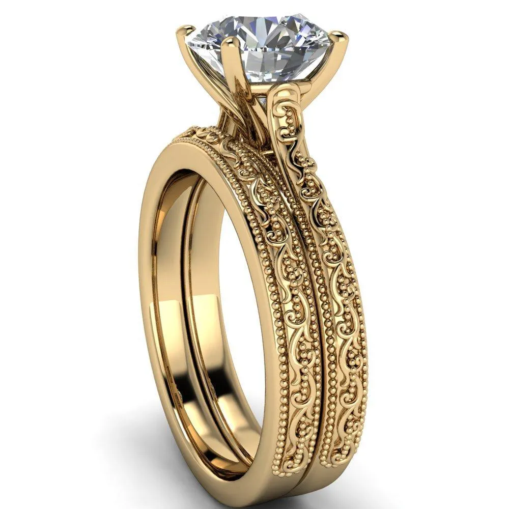 Elsa Round Center Stone Solitaire Milgrain 4 Prong Ring