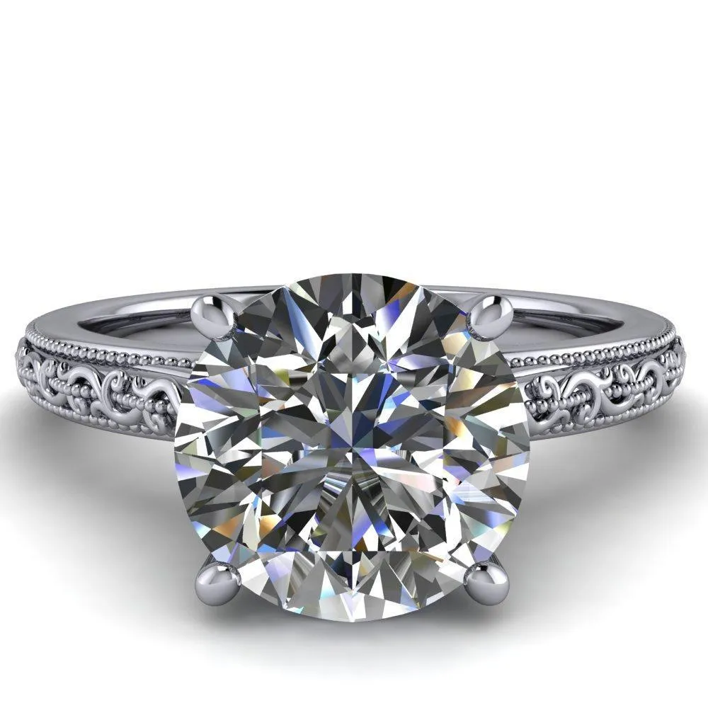 Elsa Round Center Stone Solitaire Milgrain 4 Prong Ring