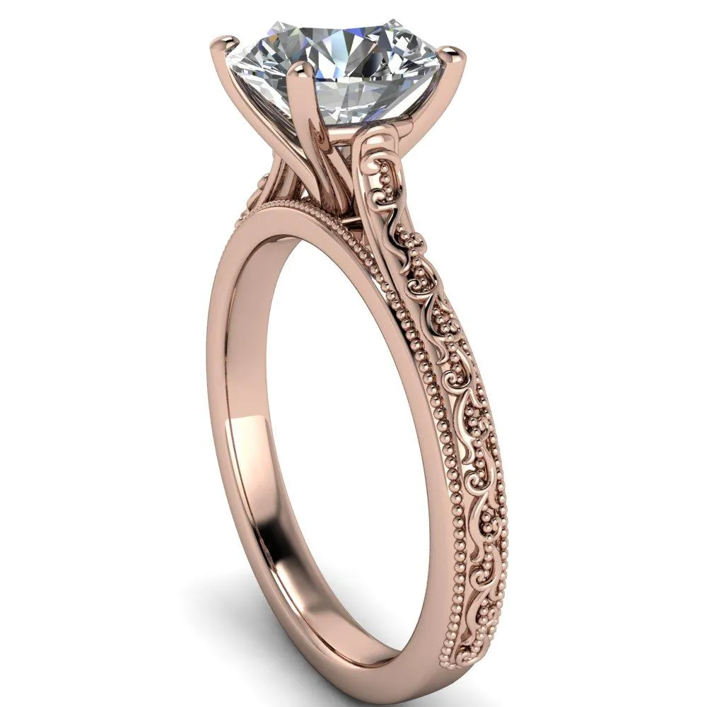 Elsa Round Center Stone Solitaire Milgrain 4 Prong Ring