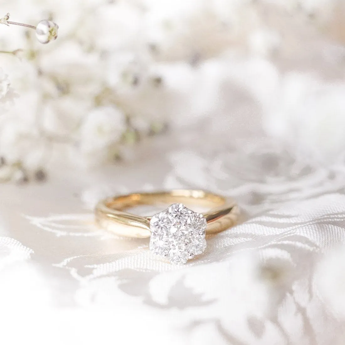 Facets of Love Brilliant Flower Solitaire Ring with 1/2ct of Diamonds in 18ct Yellow Gold