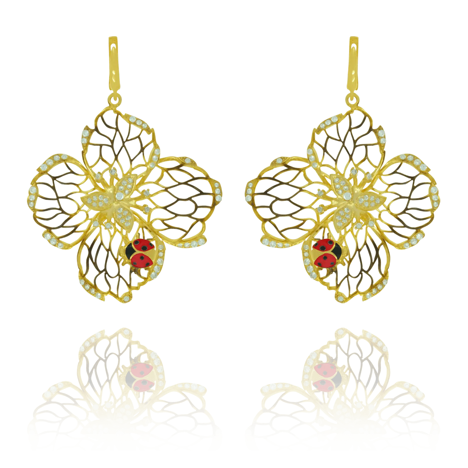 Filigree Flower Earrings with Ladybug