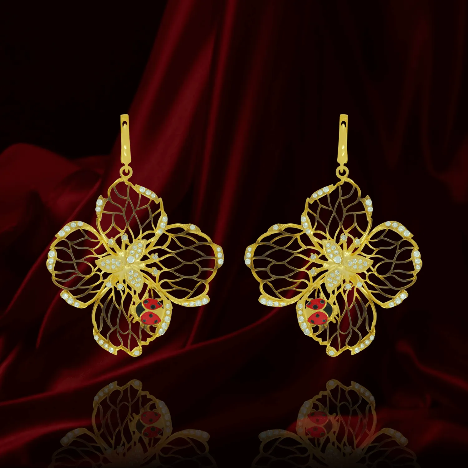 Filigree Flower Earrings with Ladybug