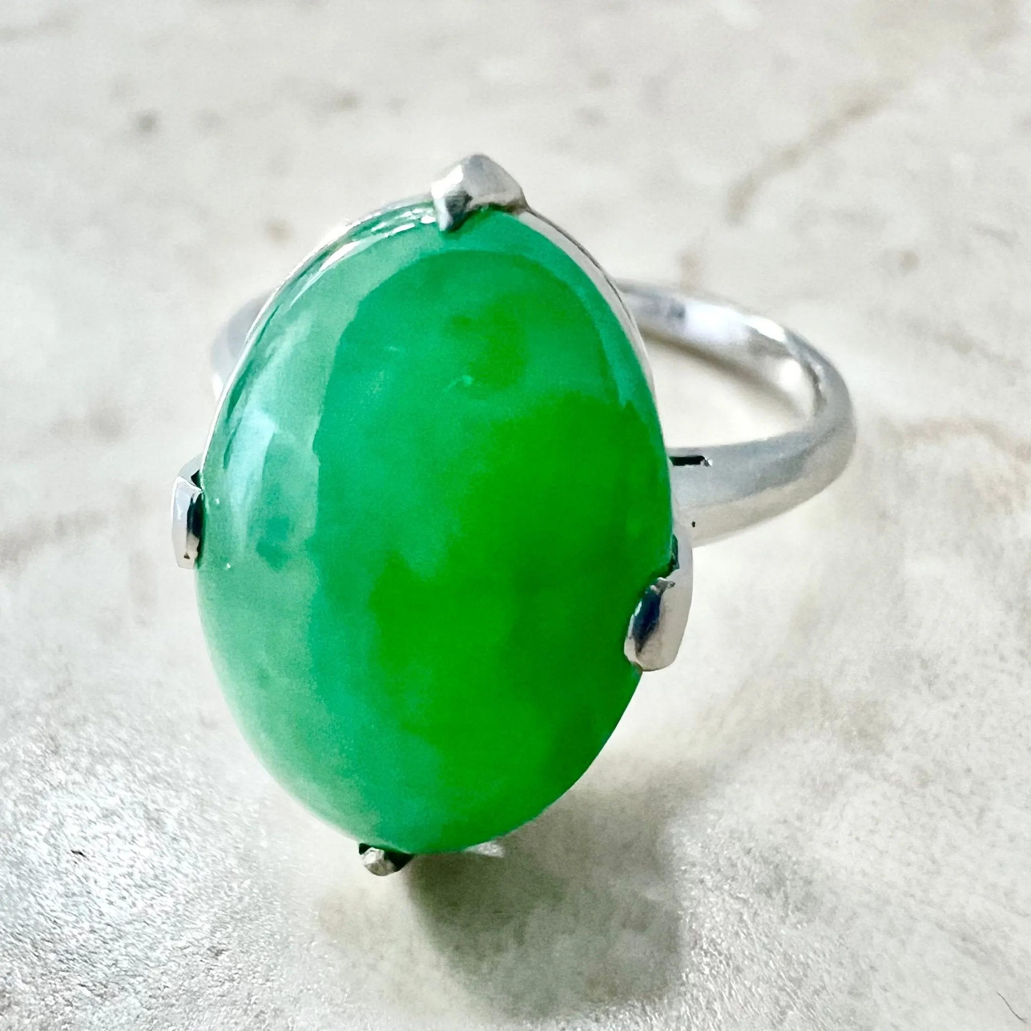 Fine Vintage 1960’s Platinum Natural 4.75 Carats Green Jadeite Solitaire Ring