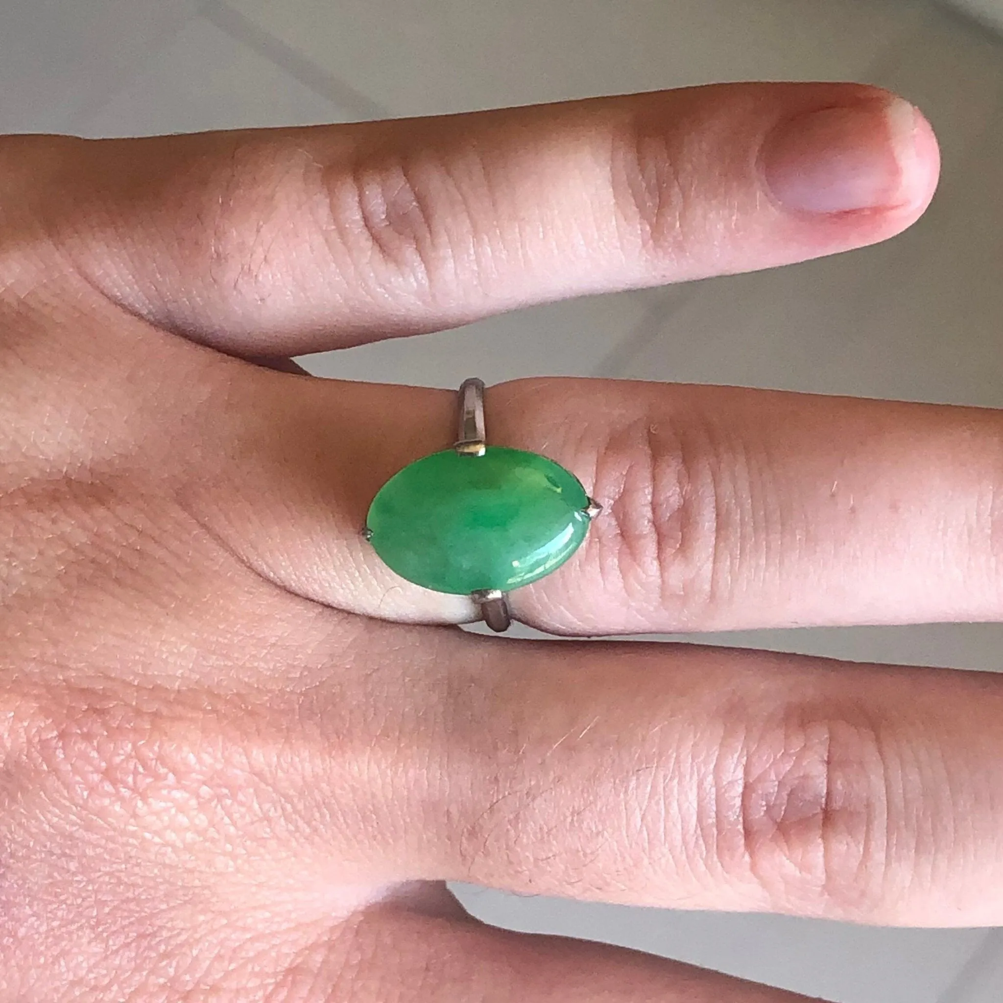 Fine Vintage 1960’s Platinum Natural 4.75 Carats Green Jadeite Solitaire Ring