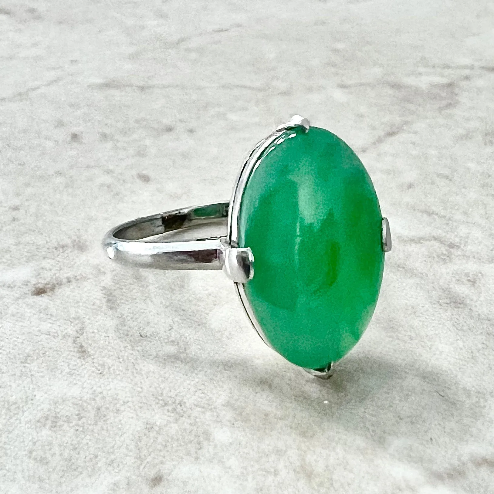 Fine Vintage 1960’s Platinum Natural 4.75 Carats Green Jadeite Solitaire Ring