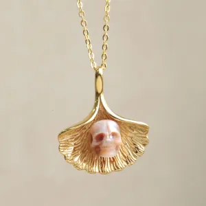 Ginkgo Leaf Pearl Skull Necklace