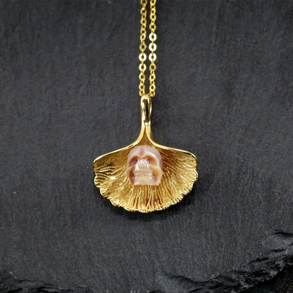 Ginkgo Leaf Pearl Skull Necklace